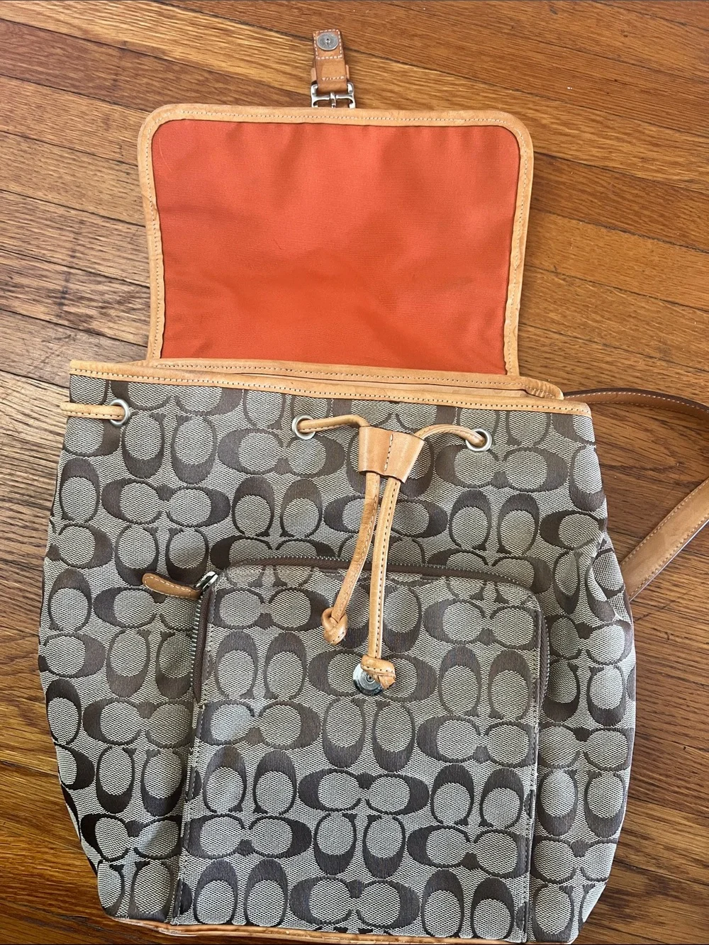 Coach Brown Signature Print Canvas Backpack with Tan Leather Trim